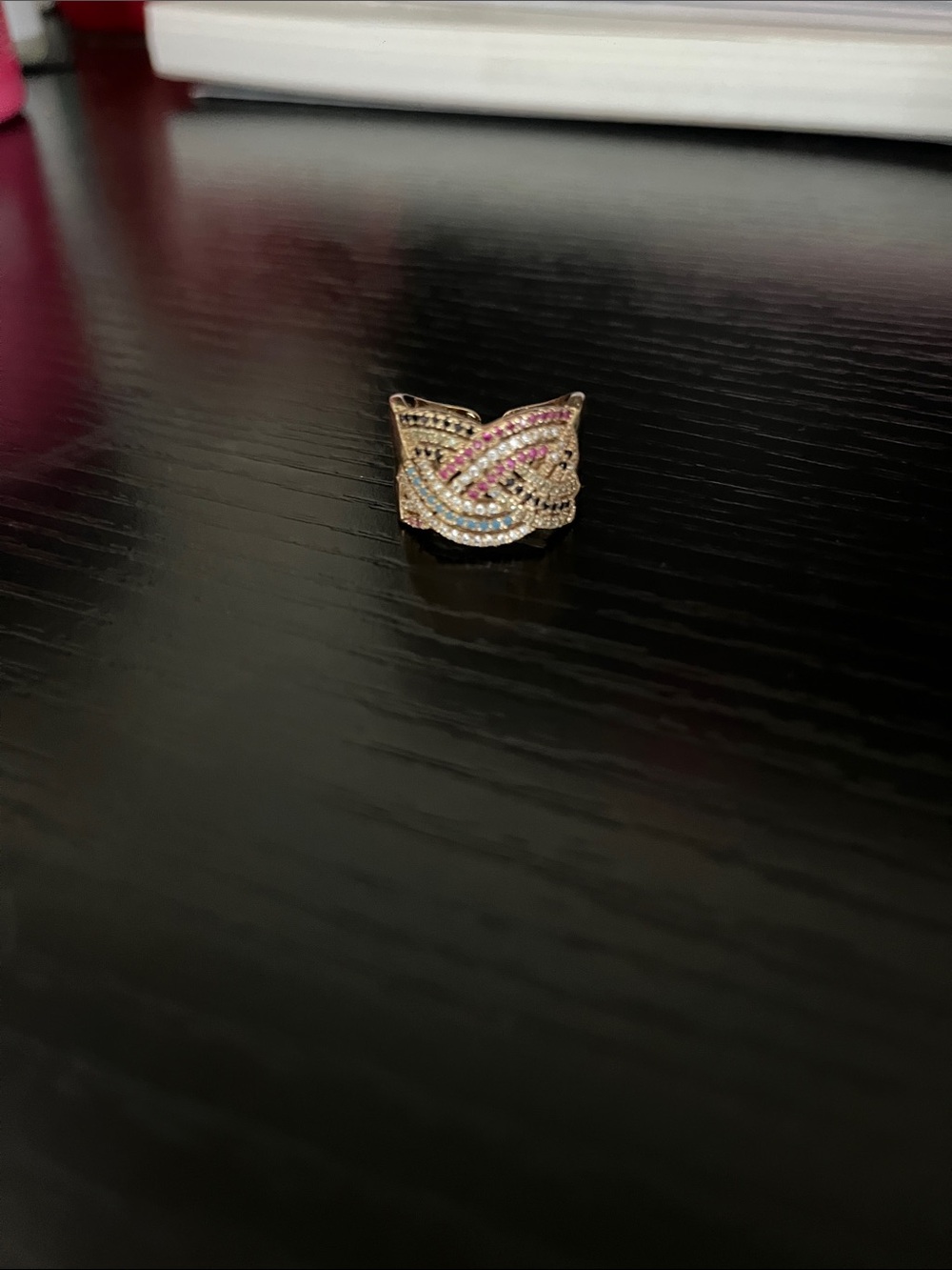 Gold-Tone Pink & Clear Crystal Wave Ring